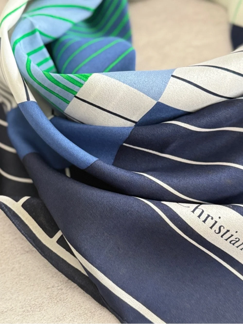 Dior Navy Blue, Light Blue & Green Striped Silk Scarf - Picture 4 of 8